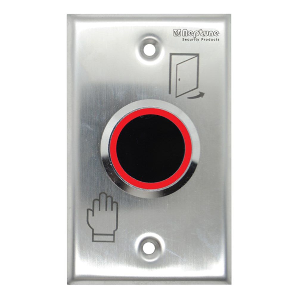 Neptune Touchless Exit Button IP65 with infrared sensor and LED ring, stainless steel plate for secure access control in door hardware systems.