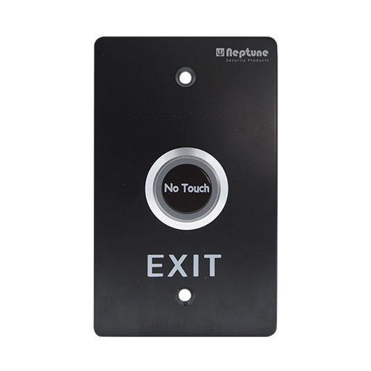 Neptune Touchless Exit in black with LED ring, NO/NC/C contacts, 1.7mm stainless steel plate, ideal for access control systems.