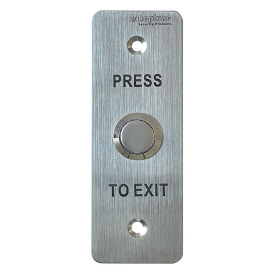 Neptune Mullion Exit Button with 1.7mm stainless steel plate, surface-mounted design for access control. Features 'Press to Exit' text and central push button.