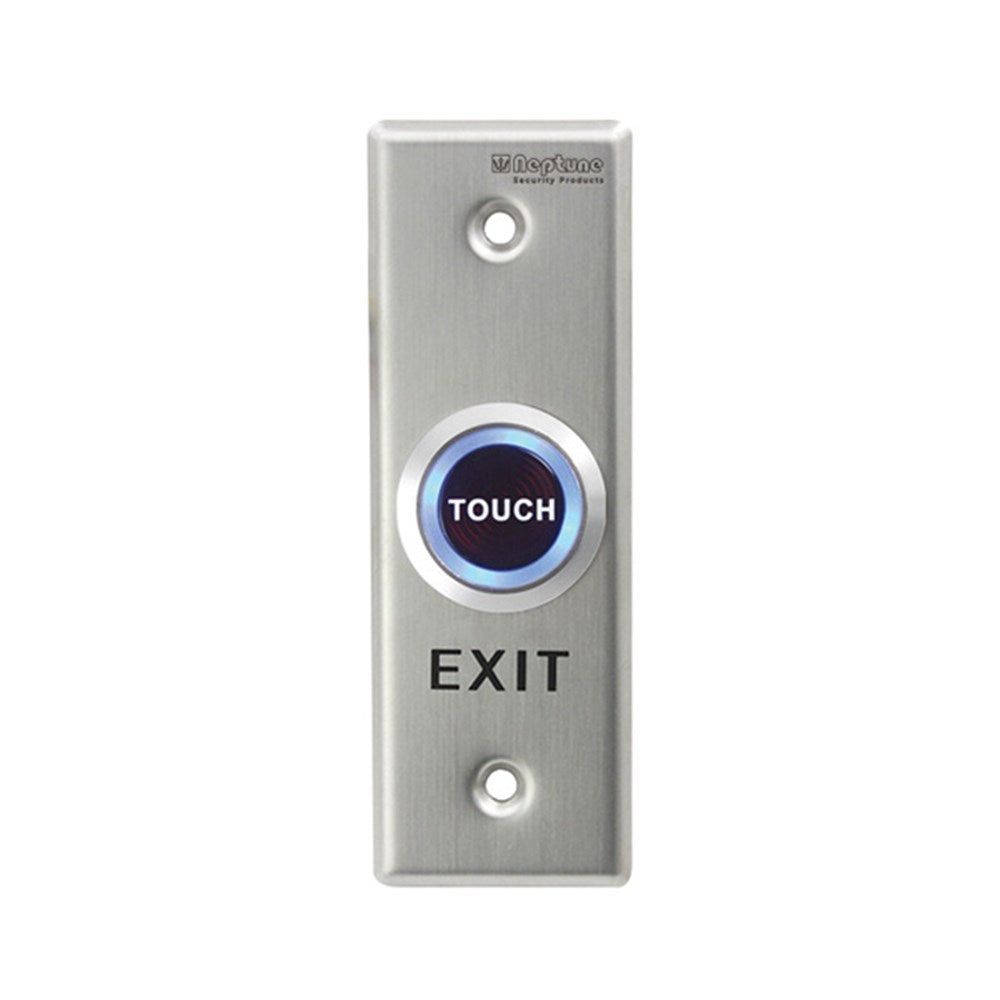 Neptune Touch Exit Button-Exit|LED, Stainless Steel with illuminated blue LED ring. Mullion mount design for access control systems.