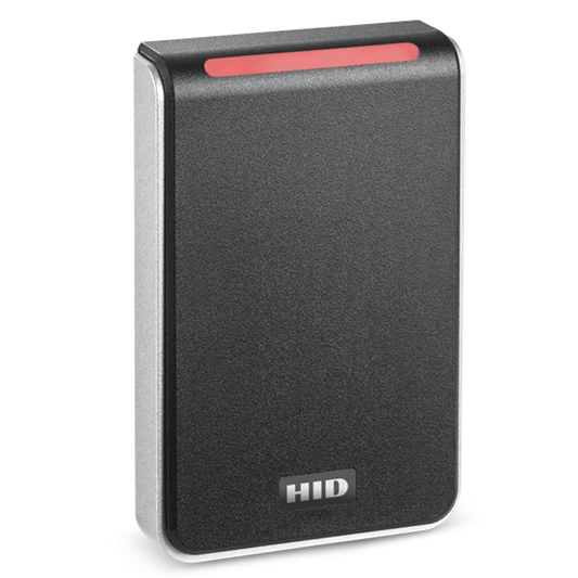 HID Signo 40 Reader in black with red LED indicator, ideal for secure access control using pigtail connection in commercial settings.