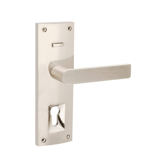 Kent Knox Leverset in brushed nickel finish with rectangular backplate and keyhole, ideal for modern residential entrance solutions.