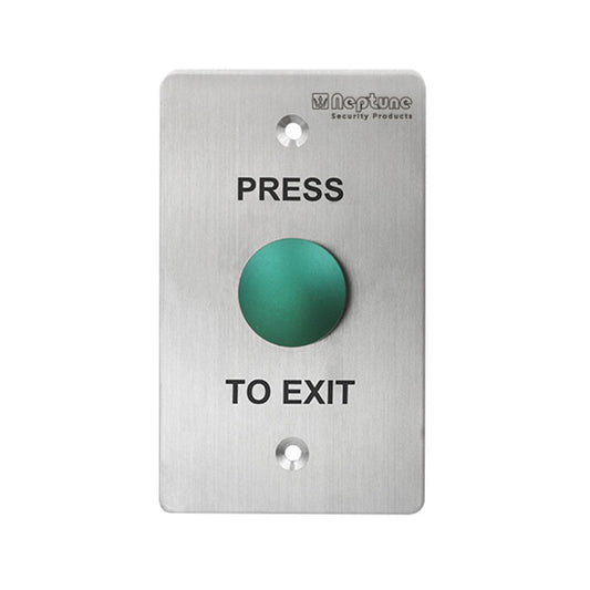 Neptune Press to Exit mushroom button with green actuator on stainless steel plate. IP65-rated switch for secure access control systems.
