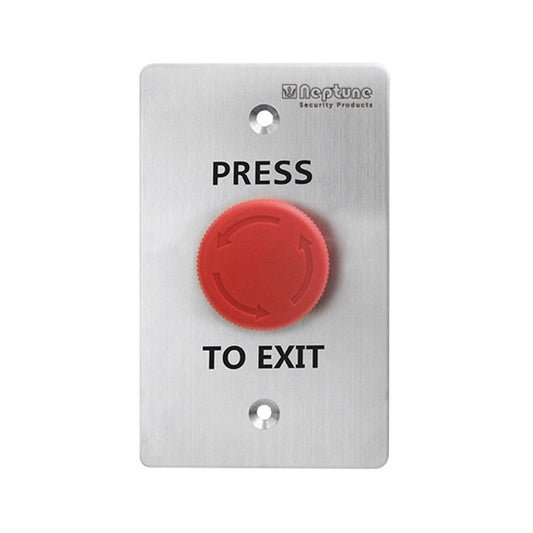 Neptune Latching Press to Exit - Red Mushroom Button with stainless steel plate, ANSI compliant, for access control systems.