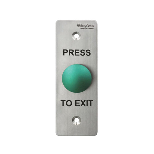 Neptune Green Exit Button - Press to Exit with IP65 rating, stainless steel panel, and mushroom-style button for access control systems.