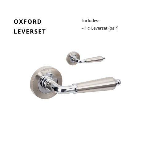 Oxford Lever Set in brushed nickel finish with a 54mm screw-on rose and concealed fixing. Sleek, durable design ideal for modern door hardware.