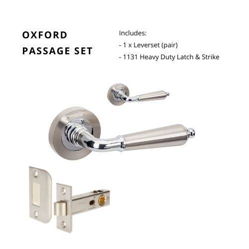 Oxford Passage Set with 1131 latch in brushed nickel finish, featuring a lever handle pair and heavy-duty latch and strike for doors.