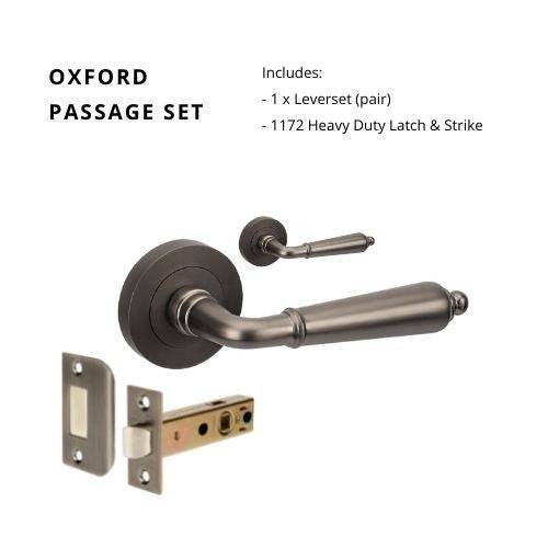 Oxford Passage Set with 1131 latch gn, featuring a sleek lever handle design in a brushed finish, includes heavy-duty latch and strike.