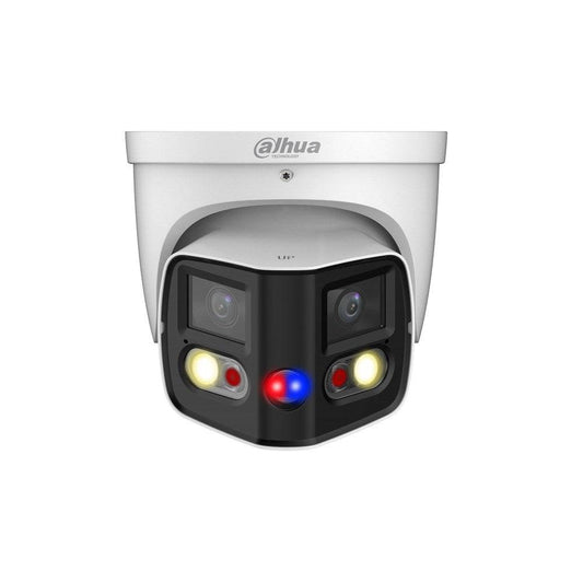 TiOC Duo Splicing Network Camera with dual 4MP lenses, IR and warm LED lights, ideal for 180° wide-angle surveillance in security systems.