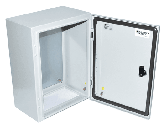 Powder Coated Steel Enclosure IP66 IK10, 600Hx400Wx200D with hinged door open, showing internal galvanised mounting plate for secure electronics installation.