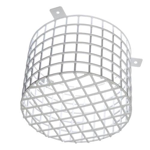 STI Sounder Cage 150mm depth x 200mm diameter in white plastic-coated steel, designed to protect alarms from vandalism in security systems.