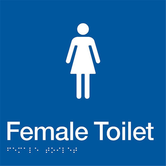 TTSM Female Toilet Sign with Tactile Braille, White on Blue PVC TTSM