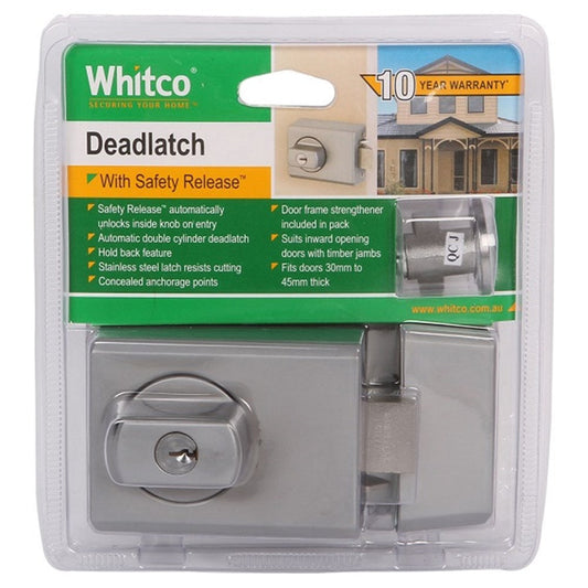 Whitco W75 Double Cylinder Deadlatch with Safety Release and Timber Frame Strike in Satin Chrome - W750605 Whitco