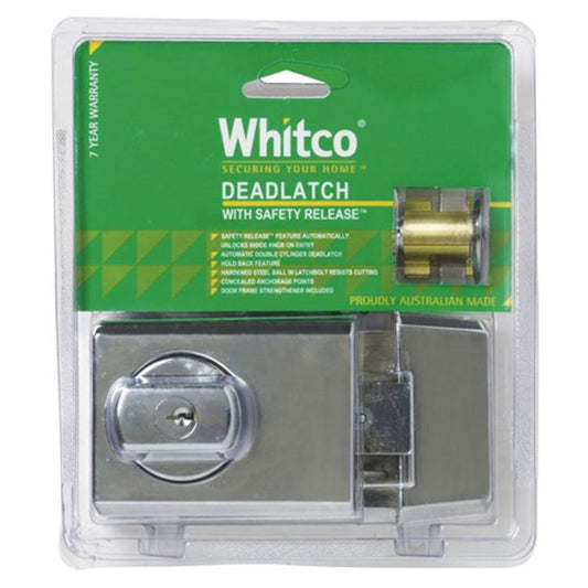 Whitco W75 Double Cylinder Deadlatch with Safety Release and Timber Frame Strike in Chrome Plate - W750608 Whitco