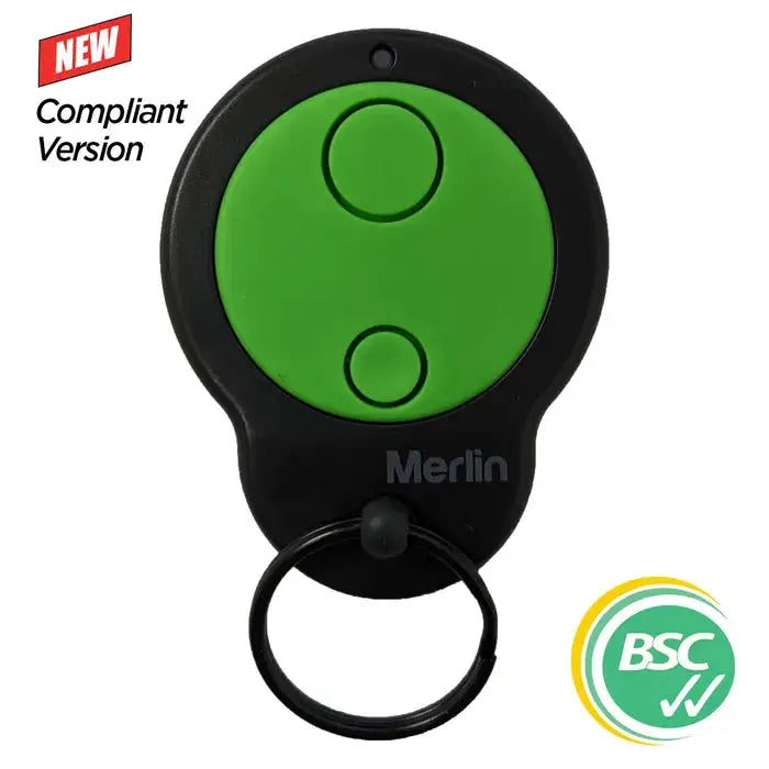 'MERLIN' - MINI - 2-Channel garage door remote with green dual buttons and keyring, ideal for controlling two garage doors or gates.