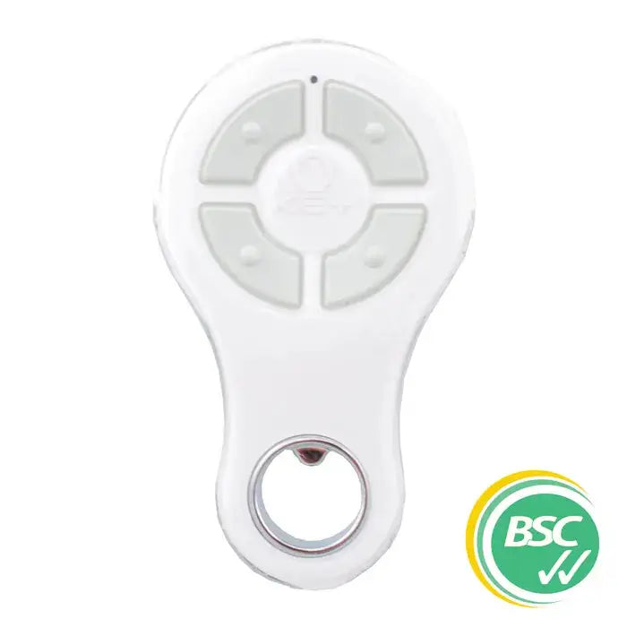 GARAGE & GATE 'FORZA' - 4-Channel 433MHz remote with white circular design and keyring hole, ideal for controlling up to four garage doors or gates.