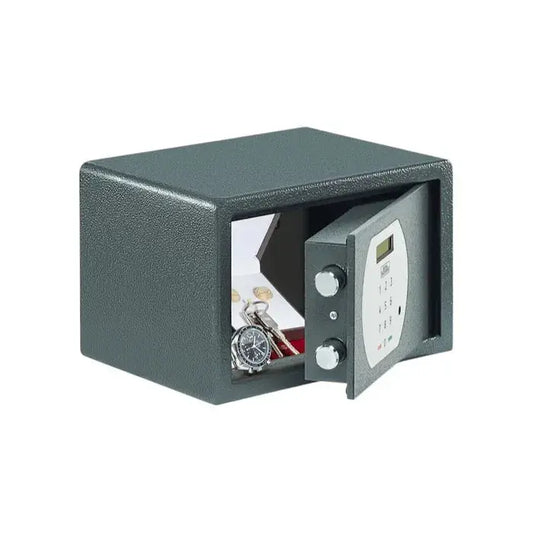 Pure-Safe Electronic Safe - BURG-WÄCHTER | 7-Litre Secure Storage with digital keypad, open door showing jewelry and watch inside.