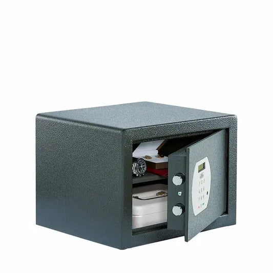 BURG-WÄCHTER Pure-Safe electronic safe with 21-litre capacity, open to show valuables inside. Ideal for home or office security storage.
