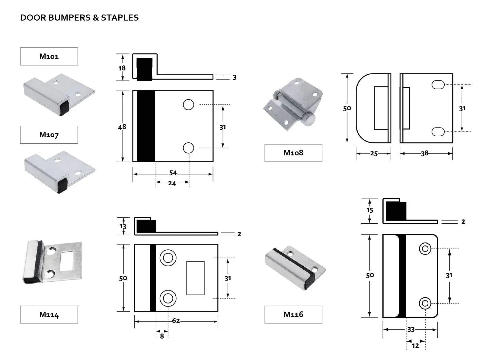 Lenlok M115, Screw Fix, Combination Bumper Staple, 72MM X 50MM X 13MM, suits 18-25mm Door, Satin Chrome
