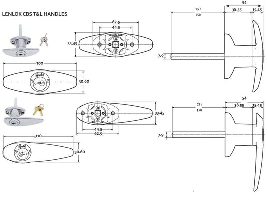 Lenlok L Handle, Front Fixing, 150MM Shaft, C4 Keyed Alike KA2, , Chrome Plate