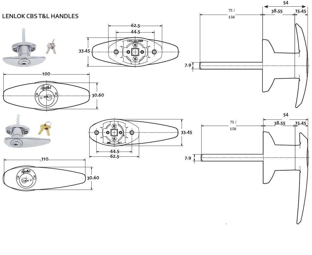 Lenlok L Handle, Front Fixing, 150MM Shaft, C4 Keyed Alike KA4, , Chrome Plate