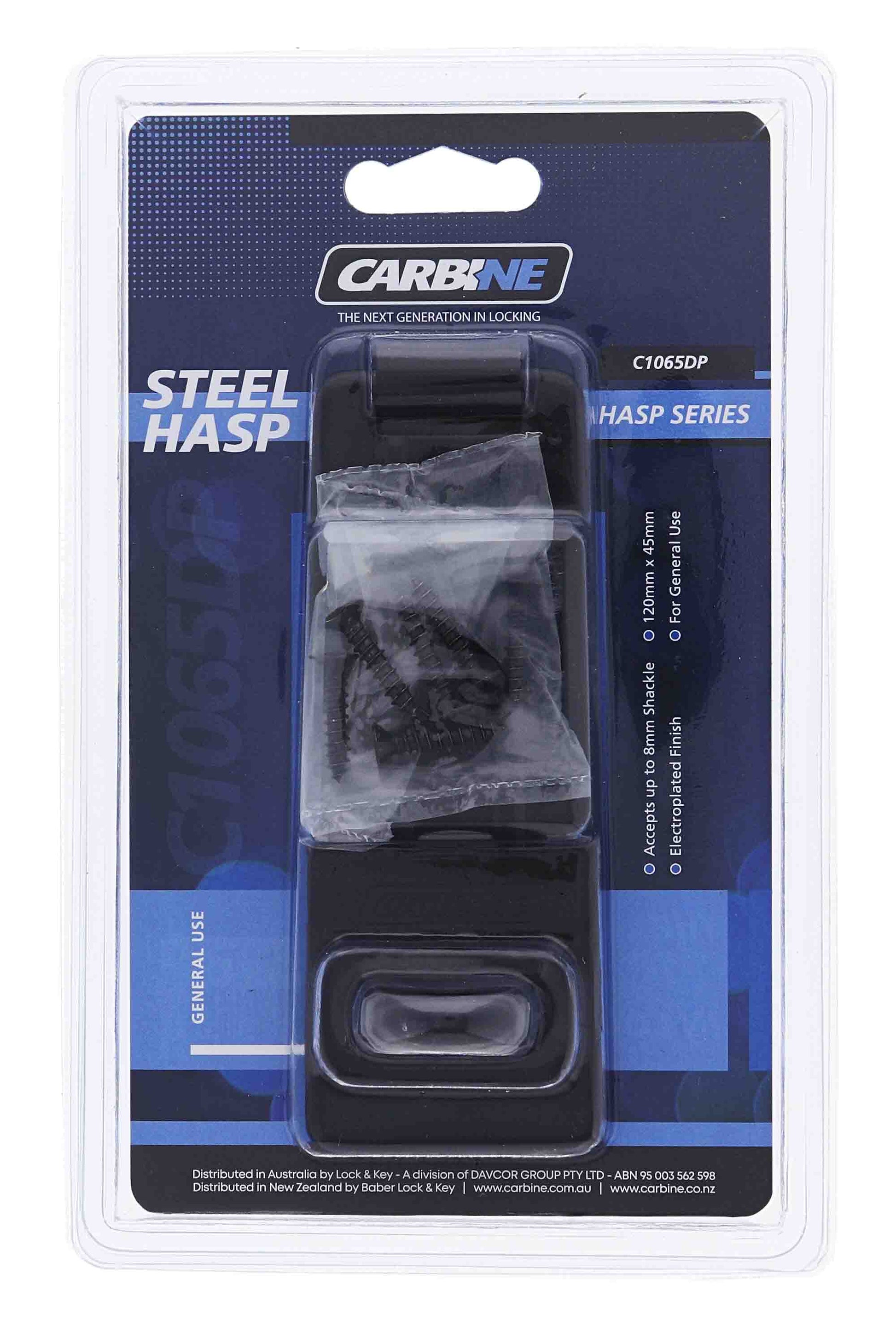 Carbine C1065 Standard hasp n staple, 120MM X 45MM suits 8mm Shackle, Display Pack