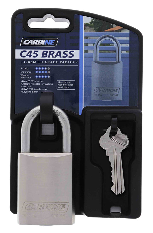 Carbine C45 Nickel Plated Brass Padlock, 8MM X 30MM SS SHACKLE, Keyed to Differ , Display Pack