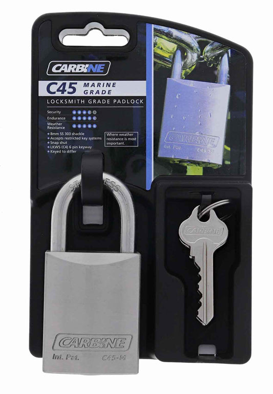 Carbine C45 Stainless Steel Marine Padlock, 8MM X 30MM SS SHACKLE, Keyed to Differ , Display Pack