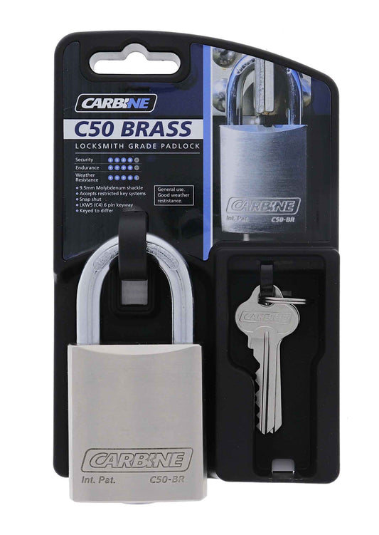 Carbine C50 Brass Padlock, 9.5MM X 30MM MOLY SHACKLE, Keyed to Differ Display Pack