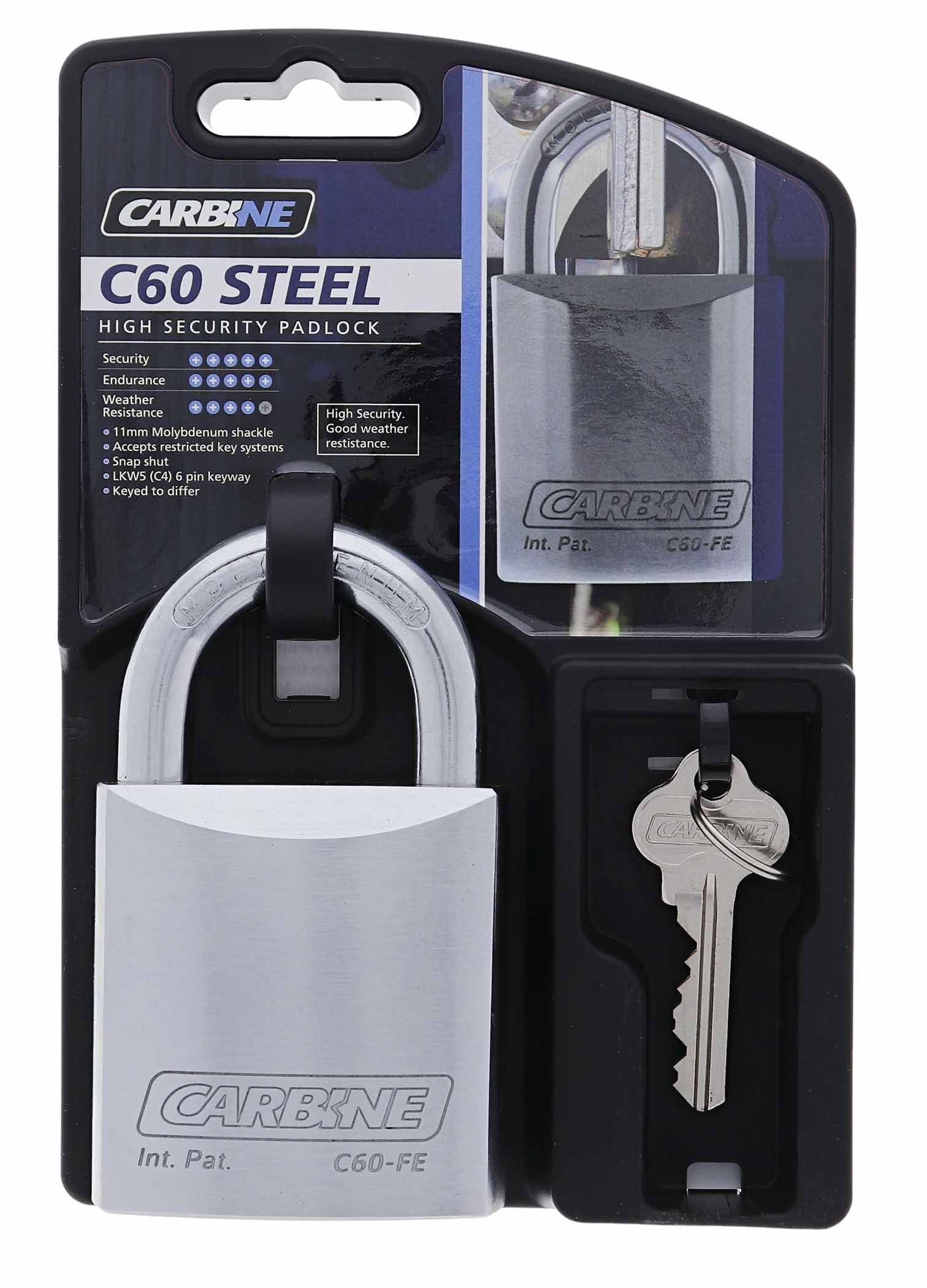 Carbine C60 Steel Padlock, 11mm X 27mm Moly Shackle, Keyed to Differ , Display Pack