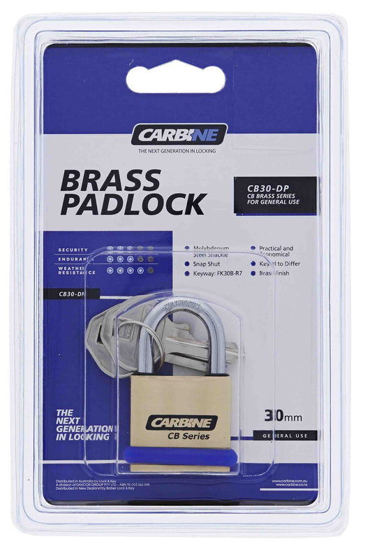 Carbine CB30 30MM Brass Padlock, 19MM x 5MM Shackle, Keyed to Differ , Display Pack