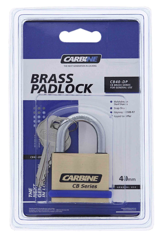 Carbine CB40 40MM Brass Padlock, 22MM x 6.3MM Shackle, Keyed to Differ , Display Pack