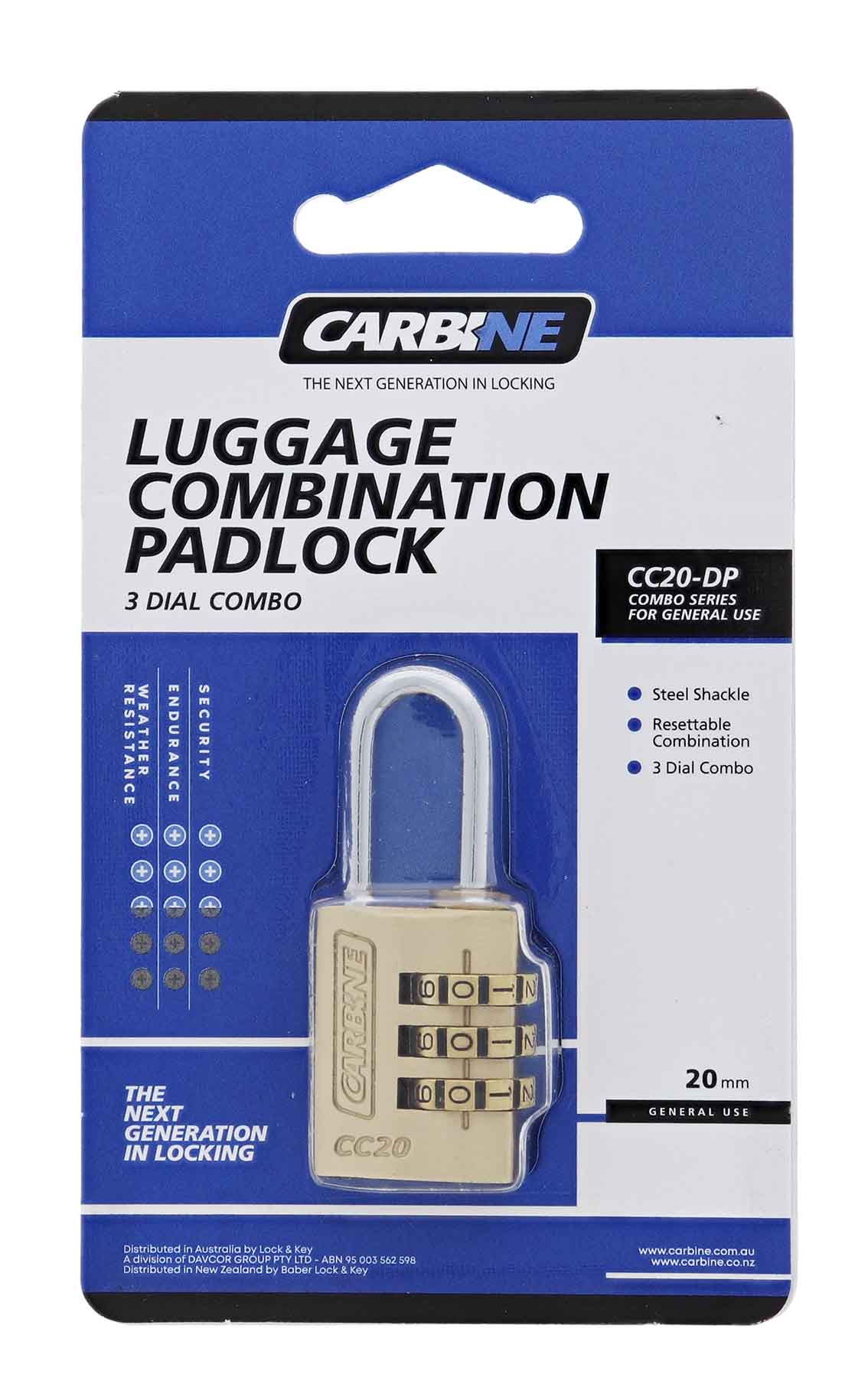 Carbine CC20 20MM Brass 3 Dial Combination Padlock, 28MM x 3.2MM Shackle, Display Pack