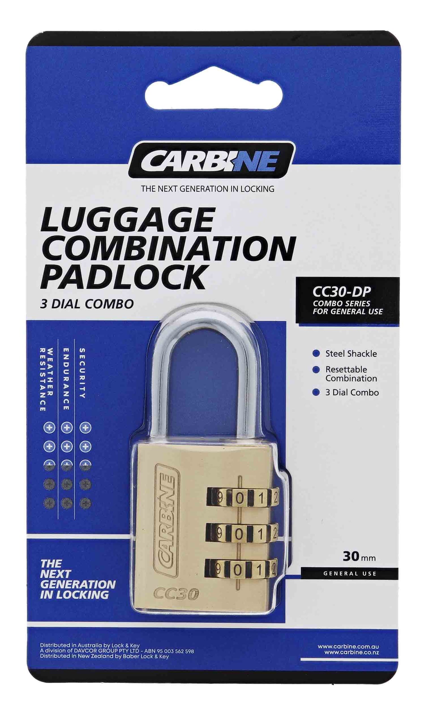 Carbine CC30 30MM Brass 3 Dial Combination Padlock, 36MM x 4.8MM Shackle, Display Pack