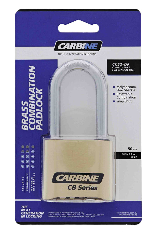 Carbine CC52 52MM Brass 4 Dial Combination Padlock, 51MM x 7.9MM Shackle, Display Pack