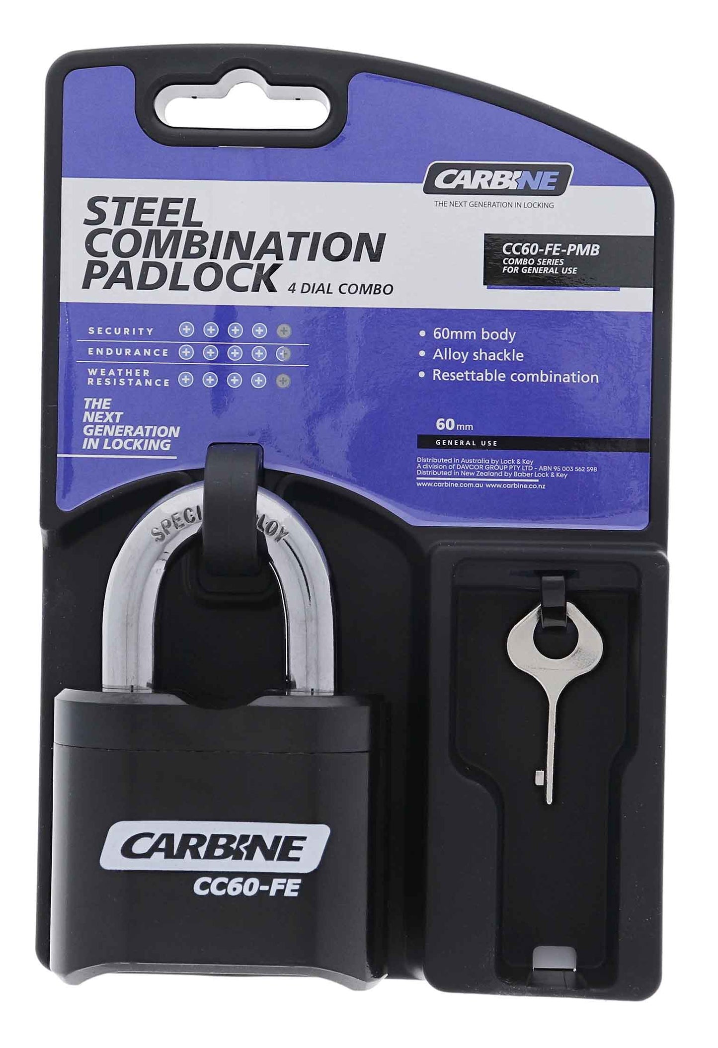 Carbine CC60 62MM Steel 4 Dial Combination Padlock, 25MM x 11.1MM Shackle, Display Pack