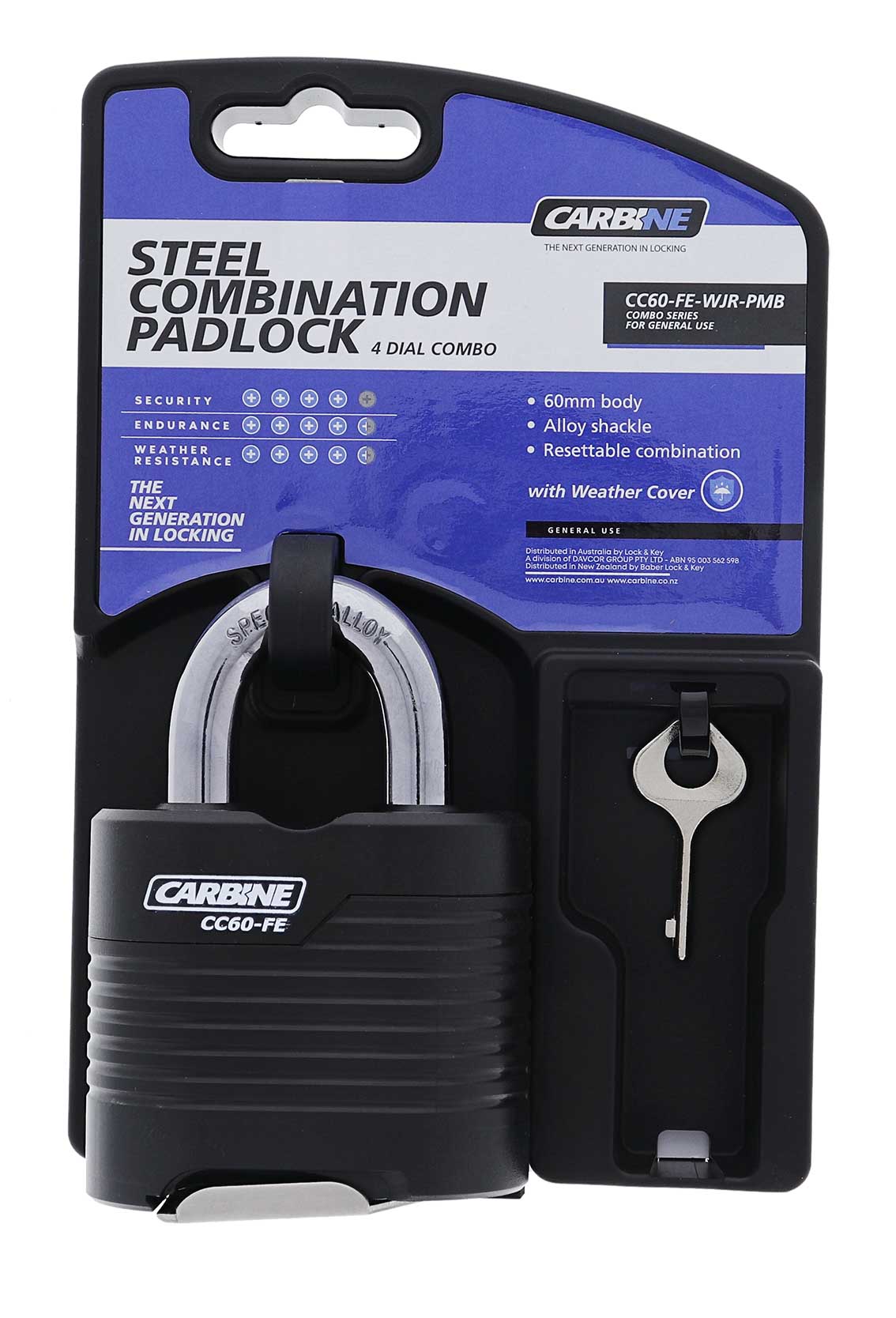 Carbine CC60-FE 62MM Steel with weather cover 4 Dial Combination Padlock, 25MM x 11.1MM Shackle, Display Pack