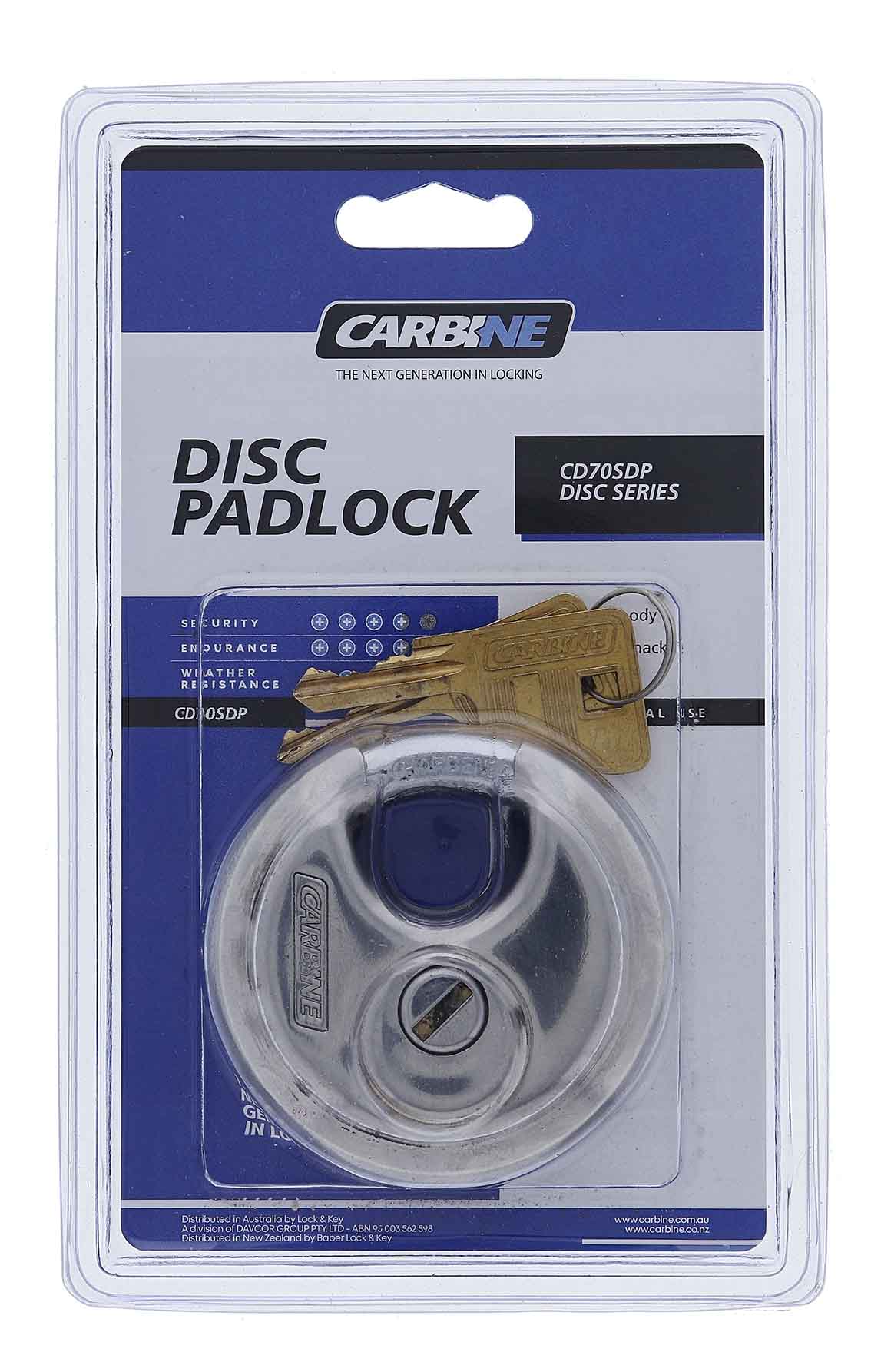 Carbine CD70 Disc Padlock, Keyed to Differ Boxed, Stainless Steel Body