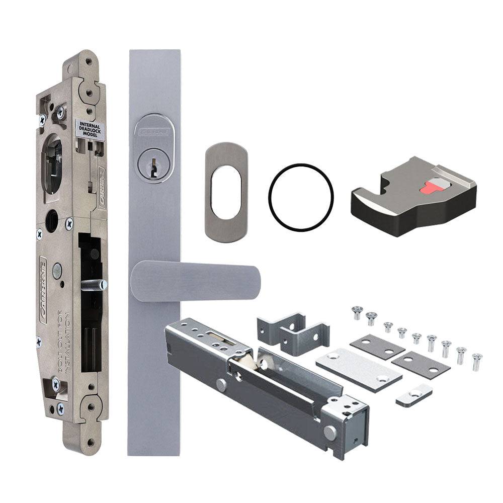 Carbine Acrobat Cylinder and Lever Deadlock Bolt Locked model, Sliding Door, Concealed Short Lever, Less cylinder with escutcheon, suits Aluminium, Includes Latching Strike, Hook Bolt