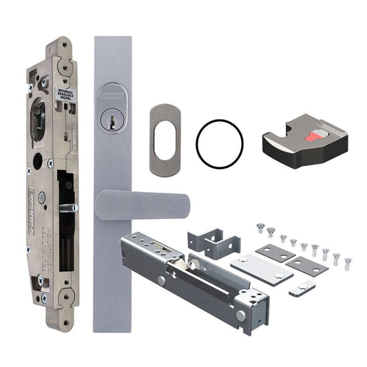 Carbine Acrobat Cylinder and Lever Deadlock Bolt Locked model, Sliding Door, Concealed Short Lever, Less cylinder with escutcheon, suits Aluminium, Includes Latching Strike, Long Bolt