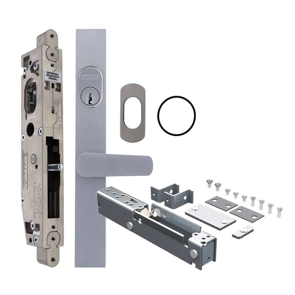 Carbine Acrobat Cylinder and Lever Deadlock Bolt Locked model, Sliding Door, Concealed Short Lever, Less cylinder with escutcheon, suits Aluminium, Includes Latching Strike, Less Bolt