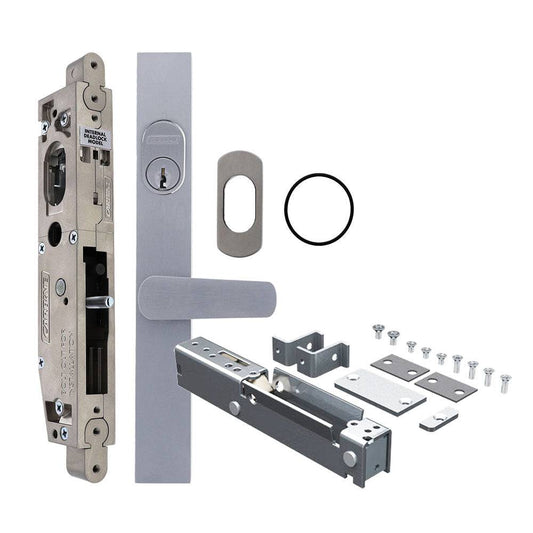 Carbine Acrobat Cylinder and Lever Deadlock Bolt Locked model, Sliding Door, Concealed Short Lever, Less cylinder with escutcheon, suits Aluminium, Includes Latching Strike, Less Bolt