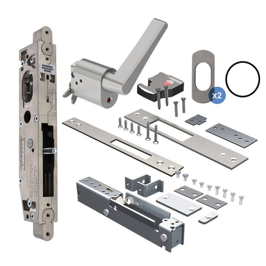 Carbine Acrobat Cylinder and Escape Turn Standard model, Sliding Door, Escape Turn Lever, Less cylinder with escutcheons, suits Timber, Includes Latching Strike, Hook Bolt