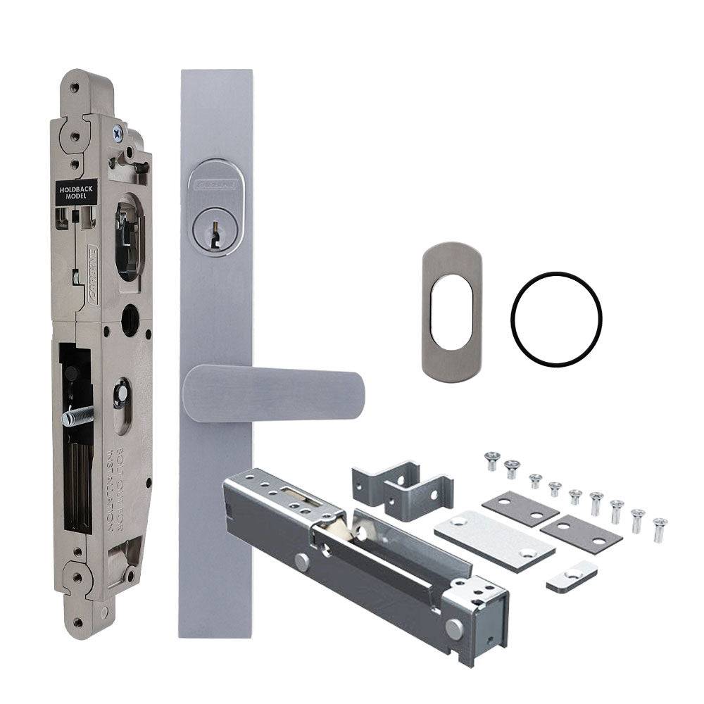 Carbine Acrobat Cylinder and Lever Holdback Bolt Unlocked model, Sliding Door, Concealed Short Lever, Less cylinder with escutcheon, suits Aluminium, Includes Latching Strike, Less Bolt