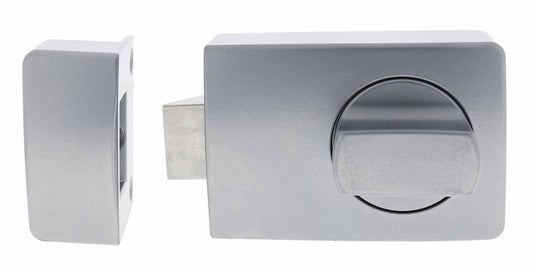 Carbine Night Hawk Advance lock in silver finish with 60mm backset, timber strike, and less cylinder. Secure boxed design for durability.