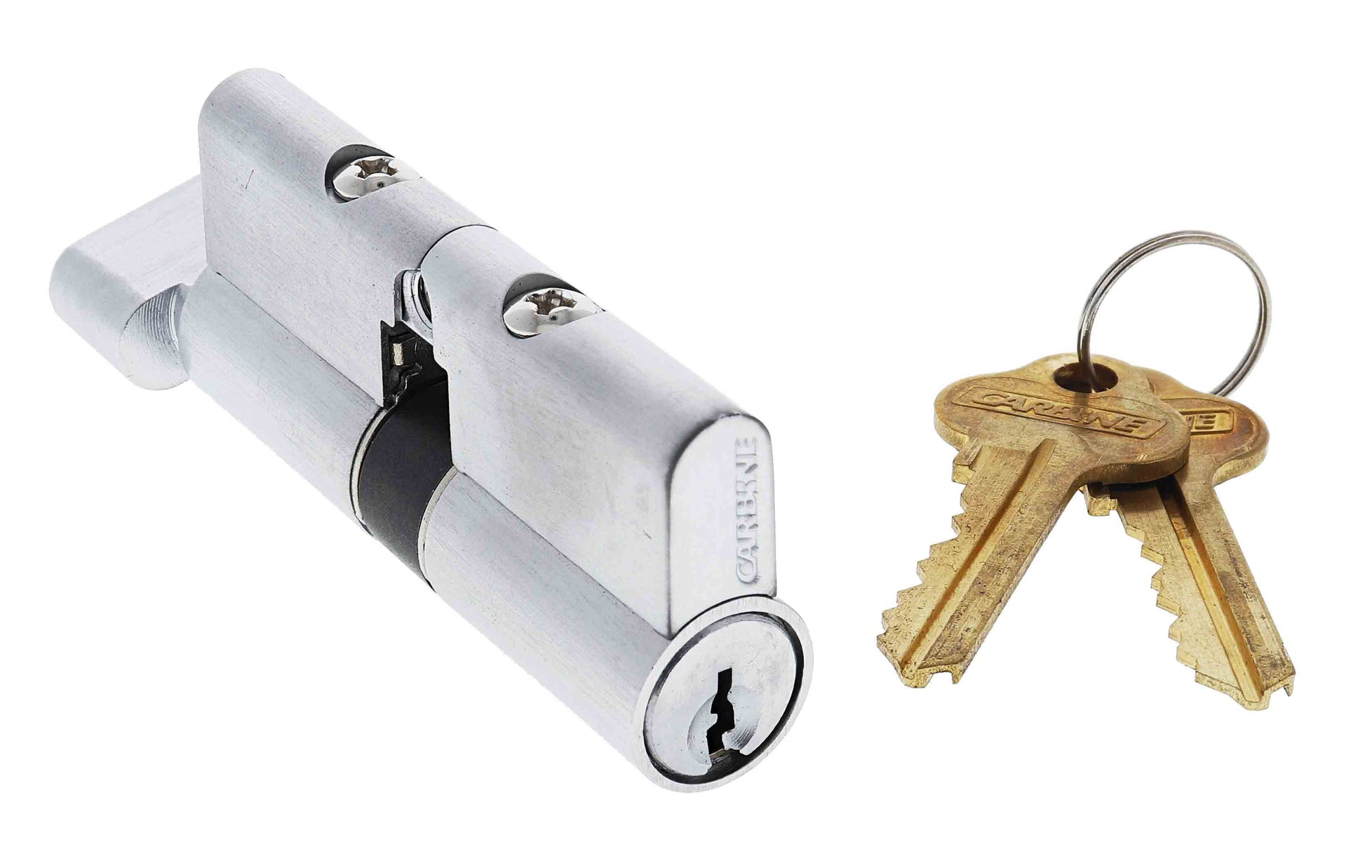 Carbine Euro Cylinder and turn Fixed Cam, 6 pin, C4 Keyed Alike lock in satin chrome finish with two matching keys. Ideal for secure door locking solutions.