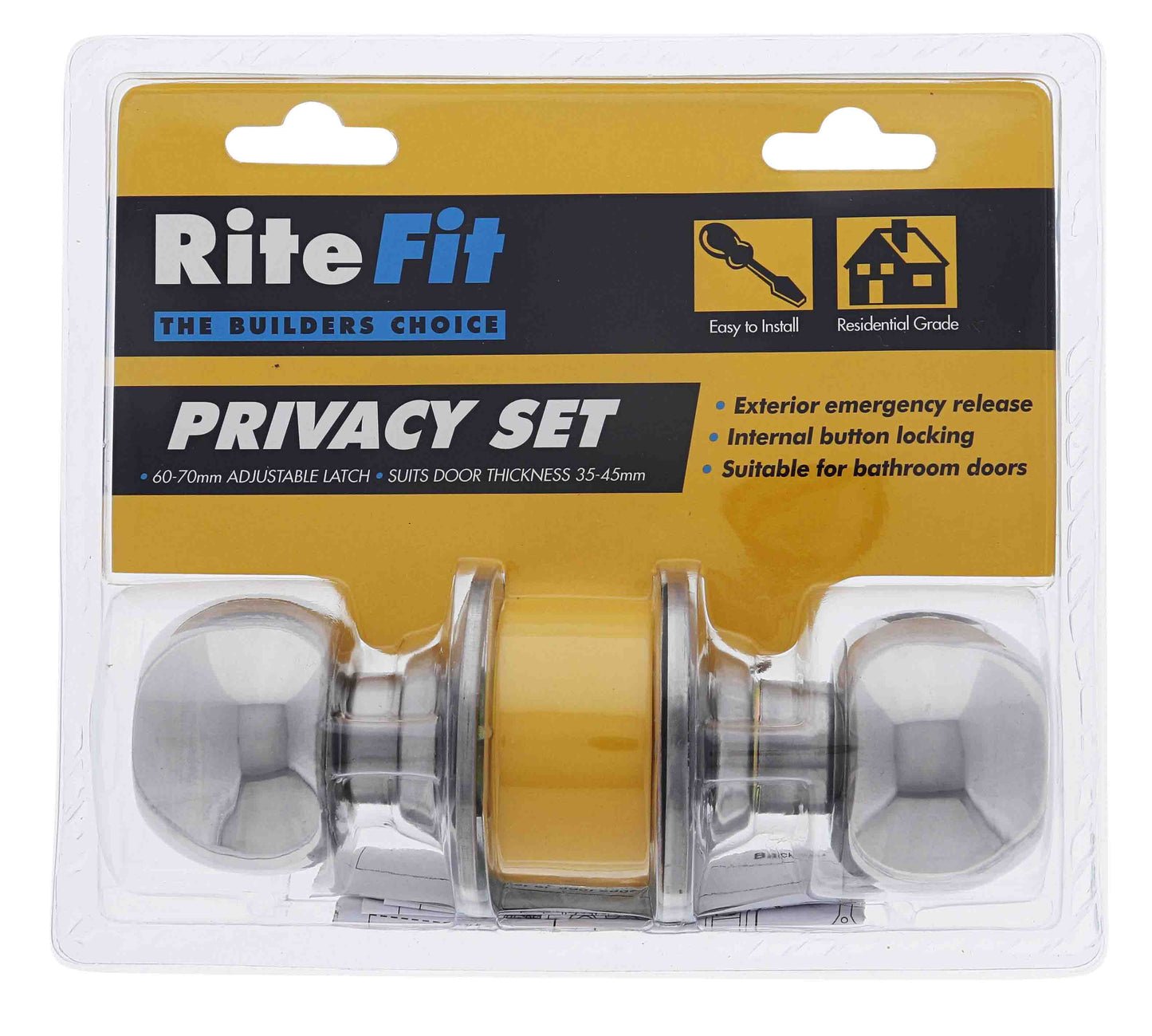 Ritefit Round Knob Cylindrical Privacy set, 60-70mm Backset, Display Pack, Chrome Plate