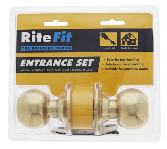 Ritefit Round Knob Cylindrical Entrance set, 60mm Backset, Display Pack, Polished Brass