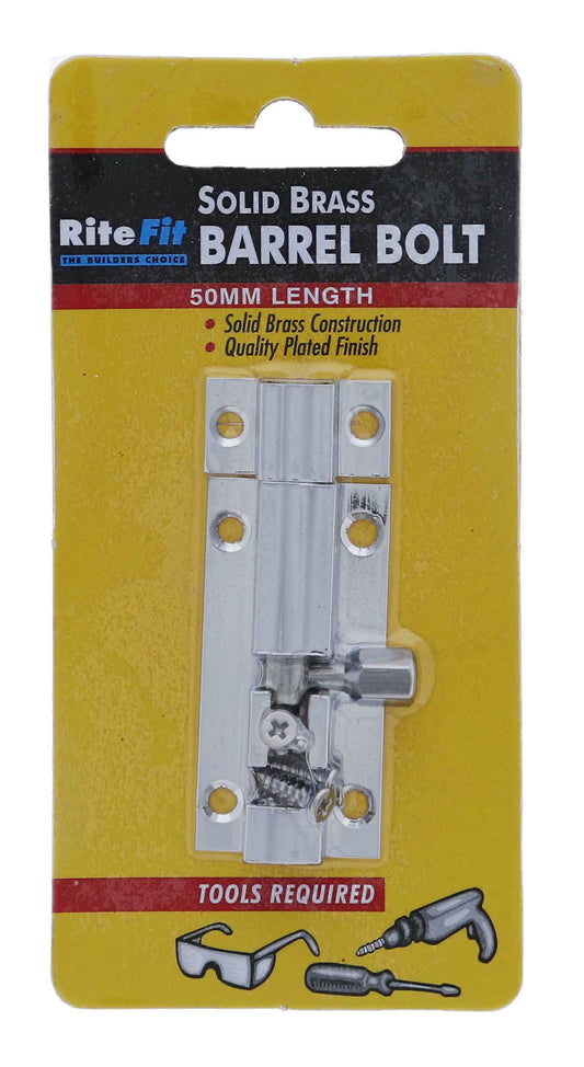 Lenlok HBB, Barrel Bolt, 50MM, Display Pack, Ritefit solid brass bolt with plated finish. Ideal for home or business security hardware needs.