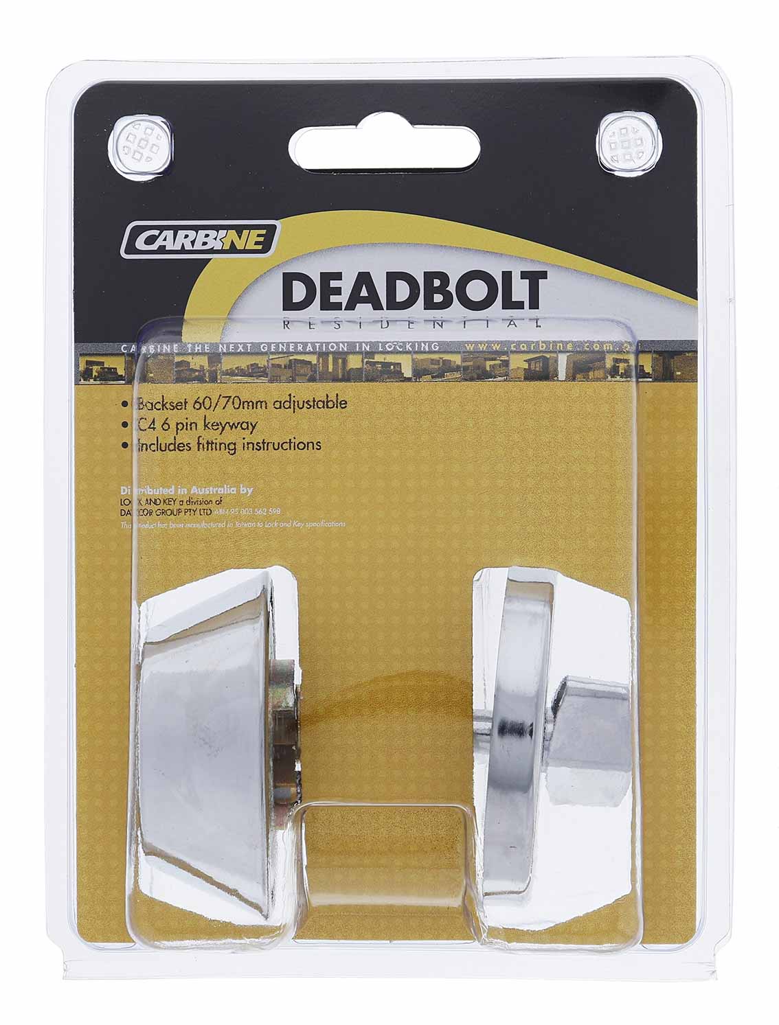 Carbine LB Residential Series Standard Cylinder and Turn Deadbolt, 60-70mm backset, C4 Keyed to Differ , Display Pack, Chrome Plate